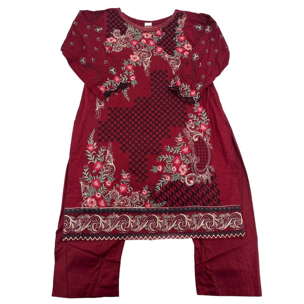 Traditional Pakistani  Roop Sari Palace Burgundy Embroidered Kurta Pants Set 44
